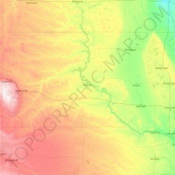 Topografische kaart South Dakota, hoogte, reliëf