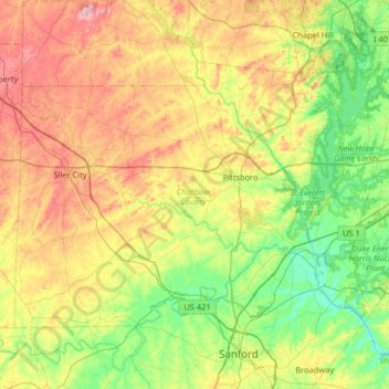 Topografische kaart Chatham County, hoogte, reliëf