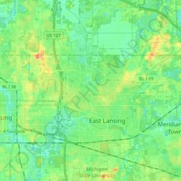 Topografische kaart East Lansing, hoogte, reliëf