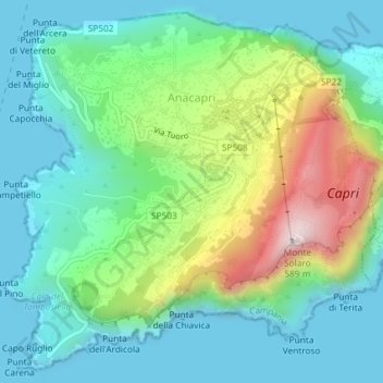 Topografische kaart Anacapri, hoogte, reliëf