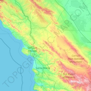 Topografische kaart Condado de San Luis Obispo, hoogte, reliëf