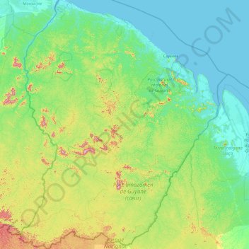 Topografische kaart Frans-Guyana, hoogte, reliëf