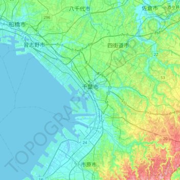 Topografische kaart Chiba, hoogte, reliëf