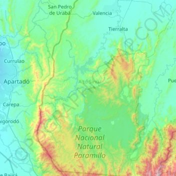 Topografische kaart Tierralta, hoogte, reliëf