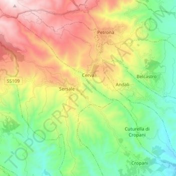 Topografische kaart Cerva, hoogte, reliëf