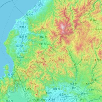 Topografische kaart Fukui Prefecture, hoogte, reliëf