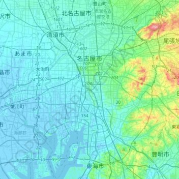 Topografische kaart Nagoya, hoogte, reliëf