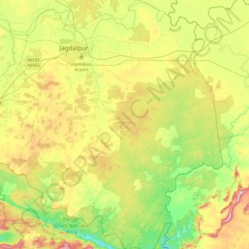 Topografische kaart Jagdalpur Tahsil, hoogte, reliëf