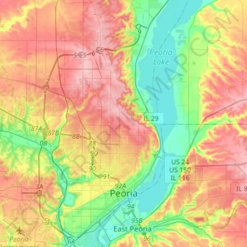 Topografische kaart Peoria, hoogte, reliëf