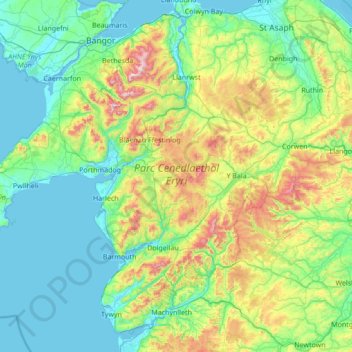 Topografische kaart Gwynedd, hoogte, reliëf