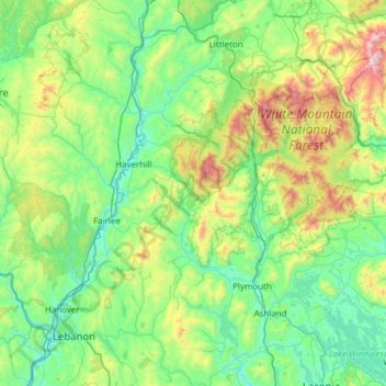 Topografische kaart Grafton County, hoogte, reliëf