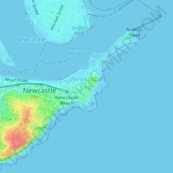 Topografische kaart Newcastle East, hoogte, reliëf