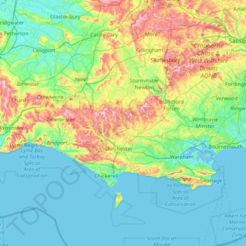 Topografische kaart Dorset, hoogte, reliëf
