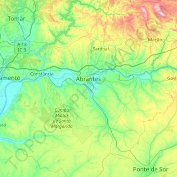 Topografische kaart Abrantes, hoogte, reliëf