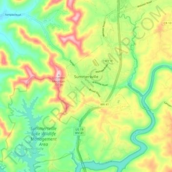 Topografische kaart Summersville, hoogte, reliëf