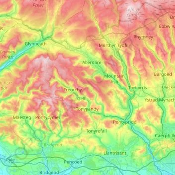 Topografische kaart Rhondda Cynon Taf, hoogte, reliëf