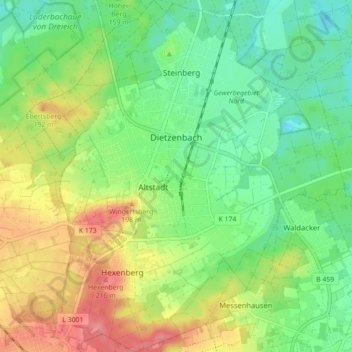 Topografische kaart Dietzenbach, hoogte, reliëf