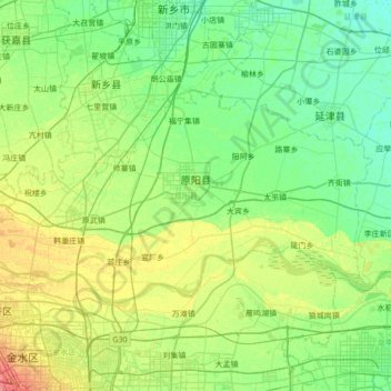 Topografische kaart Yuanyang County, hoogte, reliëf