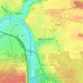 Topografische kaart Vaux-le-Pénil, hoogte, reliëf