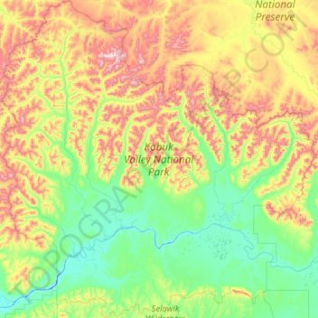 Topografische kaart Kobuk Valley National Park, hoogte, reliëf