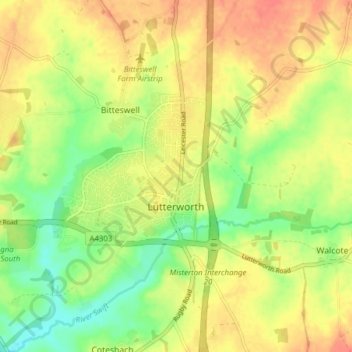 Topografische kaart Lutterworth, hoogte, reliëf