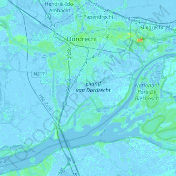 Topografische kaart Dordrecht, hoogte, reliëf