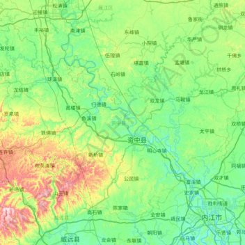 Topografische kaart Zizhong County, hoogte, reliëf