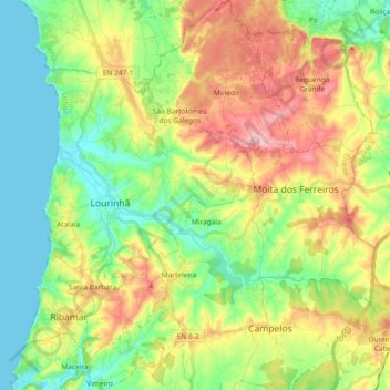 Topografische kaart Lourinhã, hoogte, reliëf