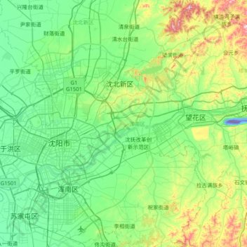Topografische kaart Hunnan District, hoogte, reliëf