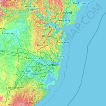 Topografische kaart Sydney, hoogte, reliëf
