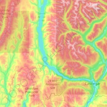 Topografische kaart Area J (Lower Arrow/Columbia), hoogte, reliëf
