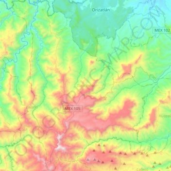 Topografische kaart Tlanchinol, hoogte, reliëf