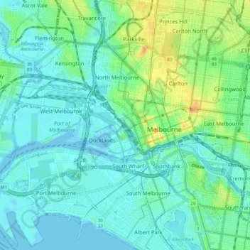 Topografische kaart City of Melbourne, hoogte, reliëf