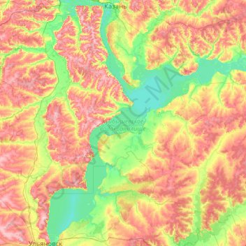 Topografische kaart Kuibyschewer Stausee, hoogte, reliëf