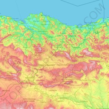 Topografische kaart Autonome Gemeenschap Baskenland, hoogte, reliëf