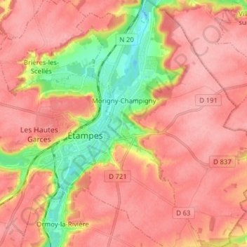 Topografische kaart Morigny-Champigny, hoogte, reliëf