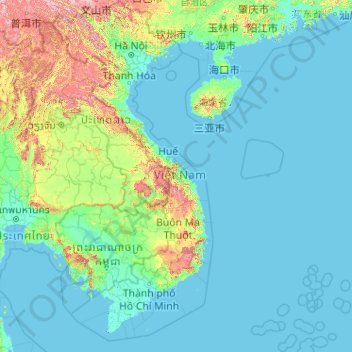 Topografische kaart Vietnam, hoogte, reliëf
