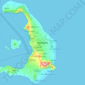 Topografische kaart Santorini, hoogte, reliëf