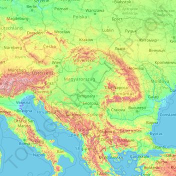 Topografische kaart Donau, hoogte, reliëf