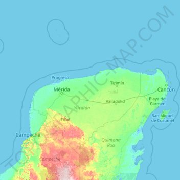 Topografische kaart Yucatán, hoogte, reliëf