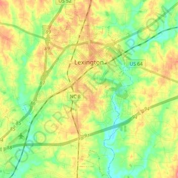 Topografische kaart Lexington, hoogte, reliëf