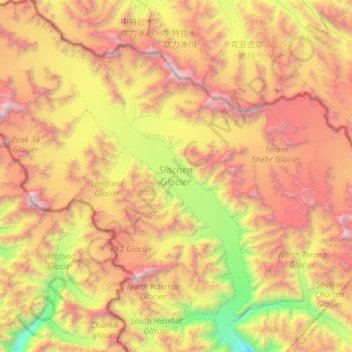 Topografische kaart Siachen Glacier, hoogte, reliëf