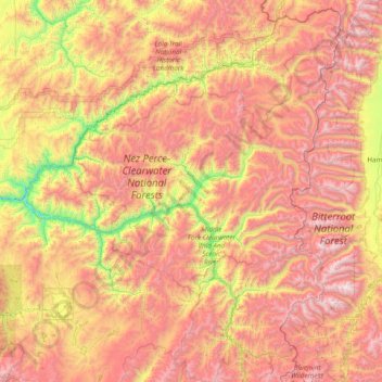 Topografische kaart Selway-Bitterroot Wilderness Area, hoogte, reliëf