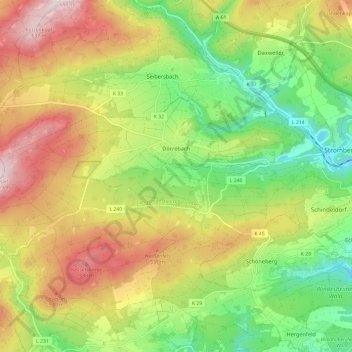 Topografische kaart Dörrebach, hoogte, reliëf