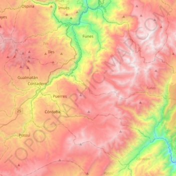 Topografische kaart Funes, hoogte, reliëf