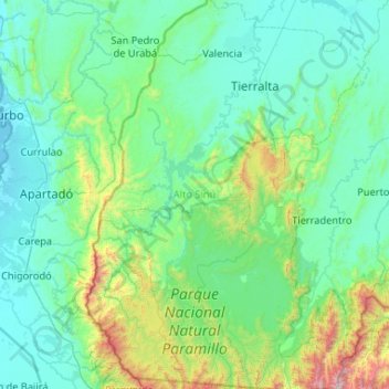 Topografische kaart Alto Sinú, hoogte, reliëf
