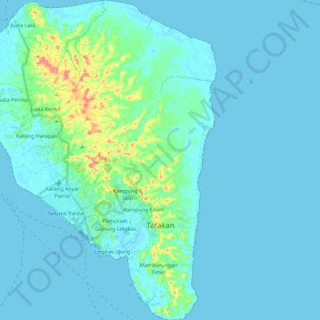 Topografische kaart Tarakan, hoogte, reliëf