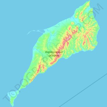Topografische kaart Karaginsky Island, hoogte, reliëf