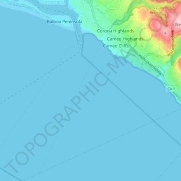 Topografische kaart Corona del Mar, hoogte, reliëf