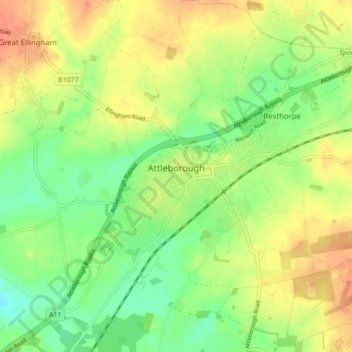 Topografische kaart Attleborough, hoogte, reliëf